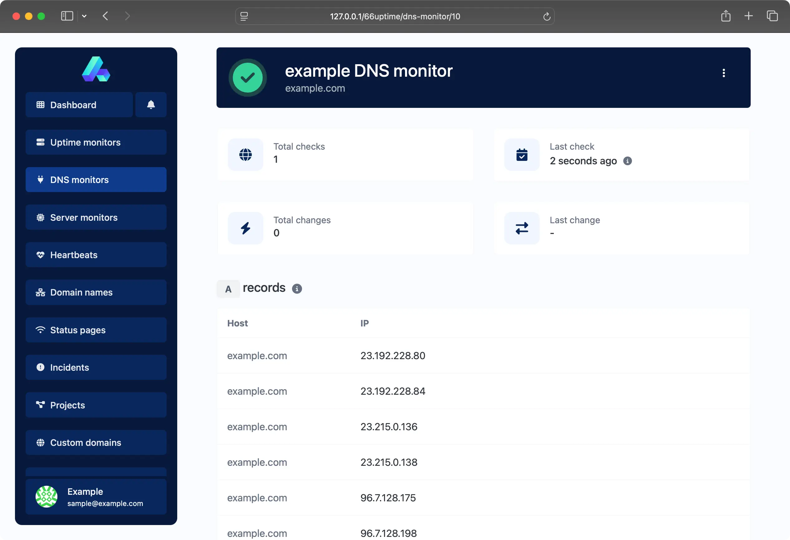 Captura de Pantalla de la aplicación DNS monitor página